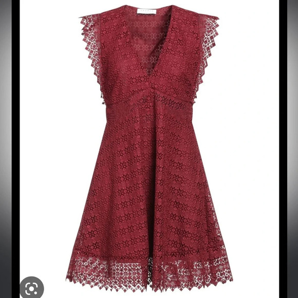 SANDRO CRANBERRY CROCHET LACE FIT & FLARE DRESS